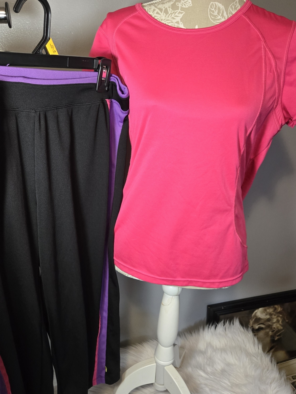 made for life Bright Pink Active Top with Black Pants and Purple Trim